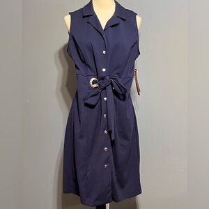 NWTs Ile NewYork navy blue button front collared dress with stretch size 10